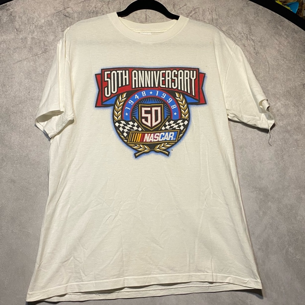 Vintage 1998 NASCAR 50th Anniversary Anvil T-shirt Men Size Large White Racing